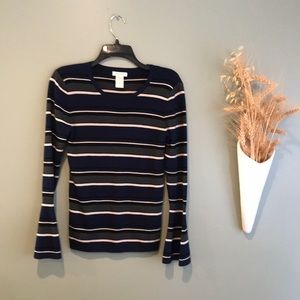 Max Studio Bell Sleeves Black, Gray, Navy, Cream Striped Sweater Small NWT